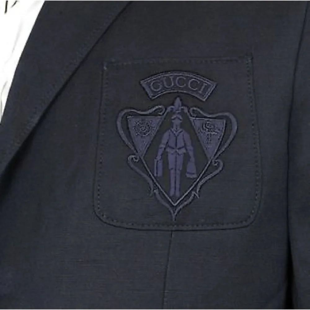 Gucci Men's Cotton Linen Hysteria Crest Blazer Jacket - Navy Blue + Garment Bag